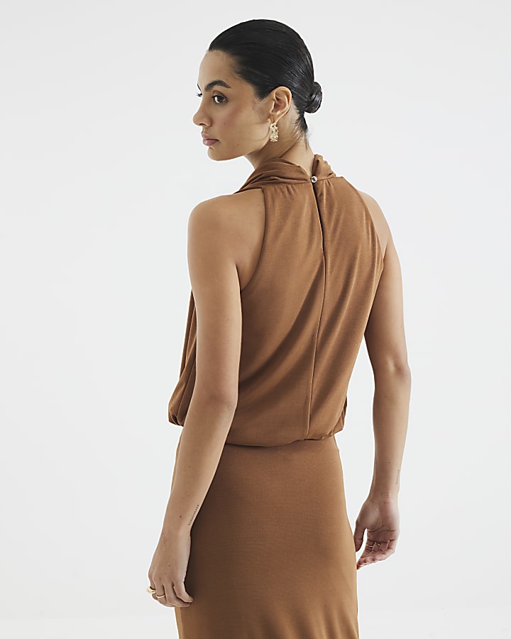 Brown Sleeveless Draped Cowl Neck Top