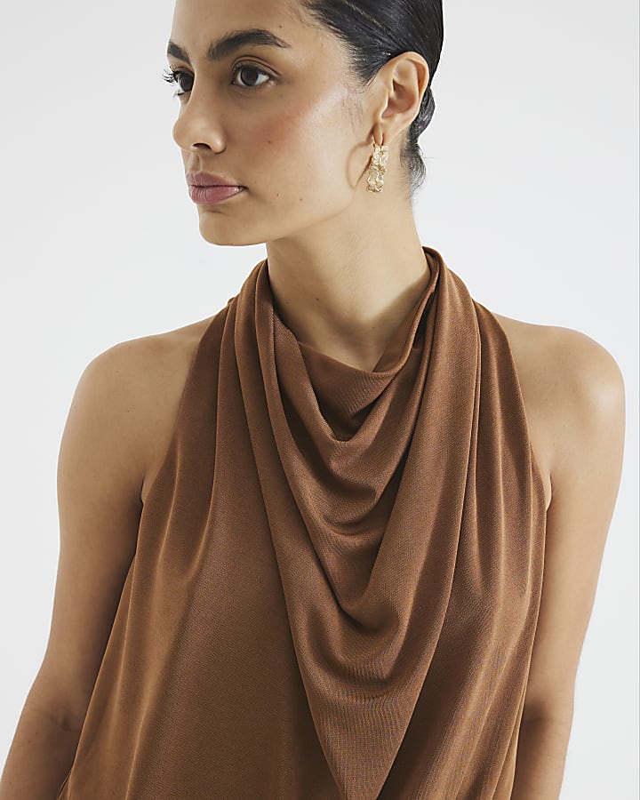 Brown Sleeveless Draped Cowl Neck Top