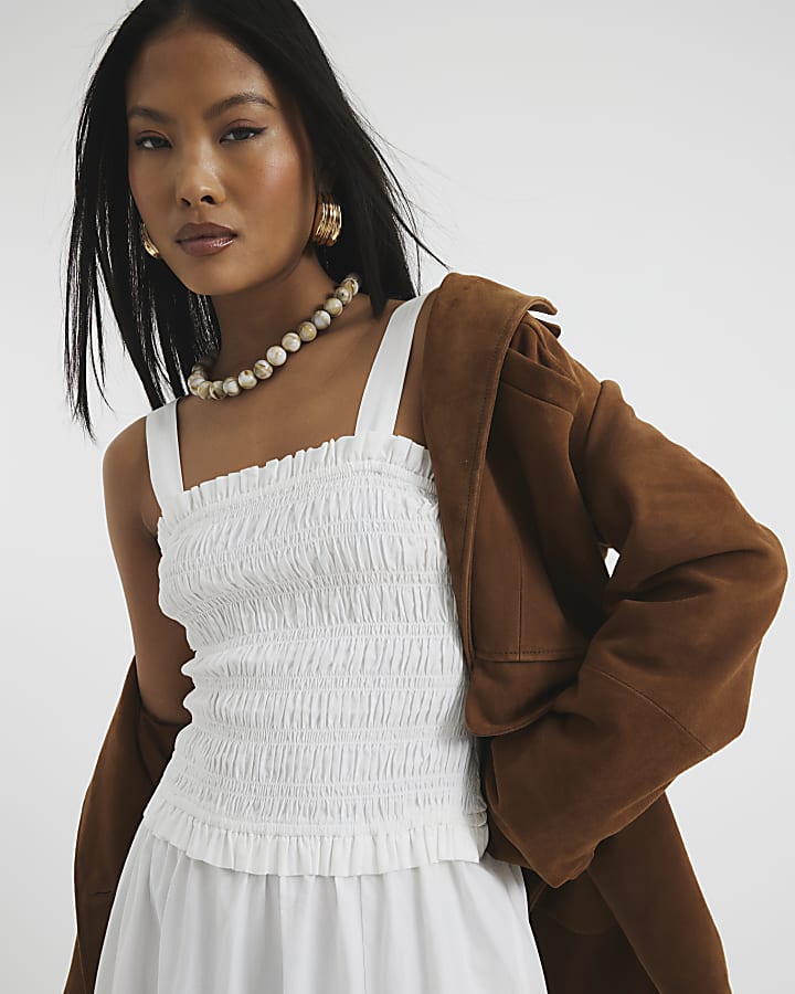 Petite White Shirred Midi Dress