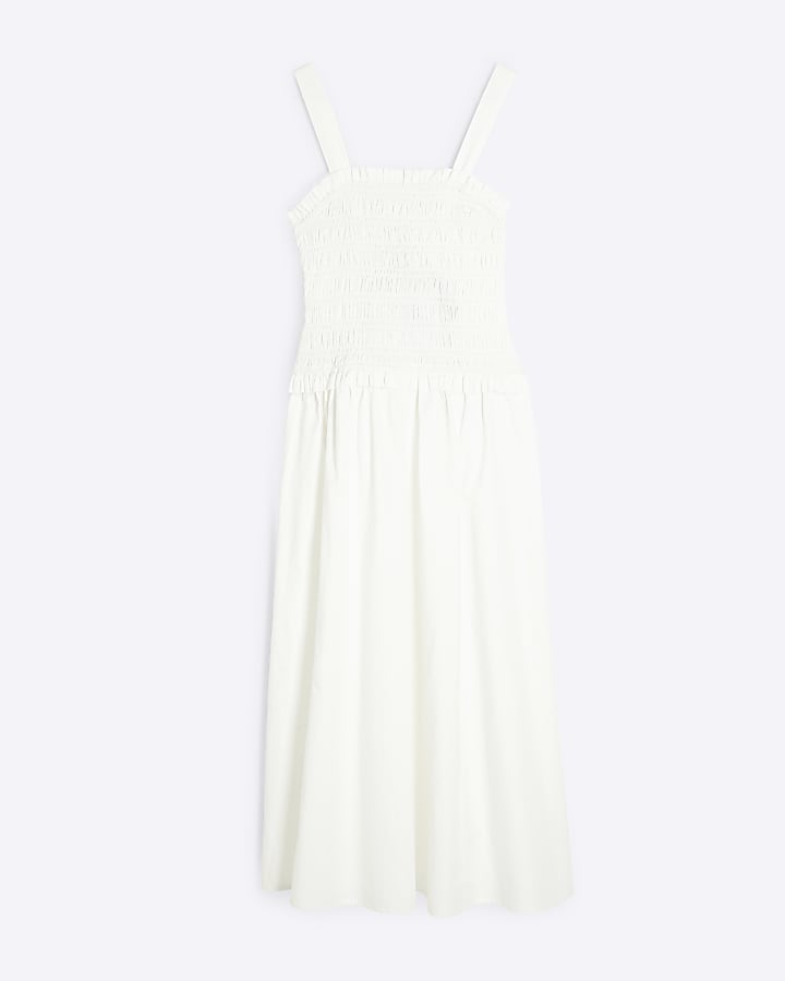 Petite White Shirred Midi Dress