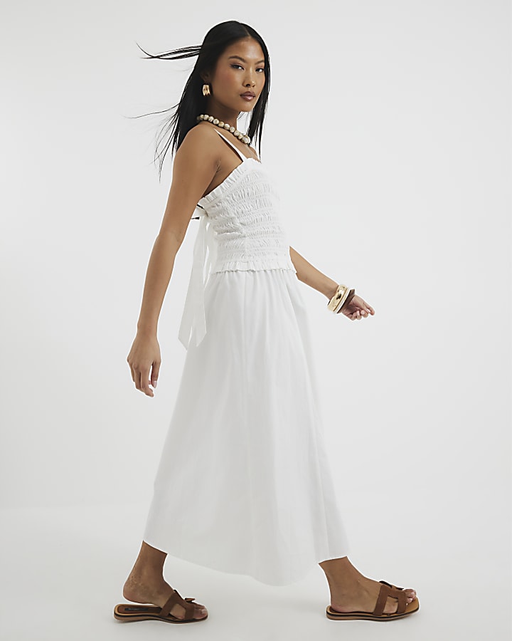Petite White Shirred Midi Dress