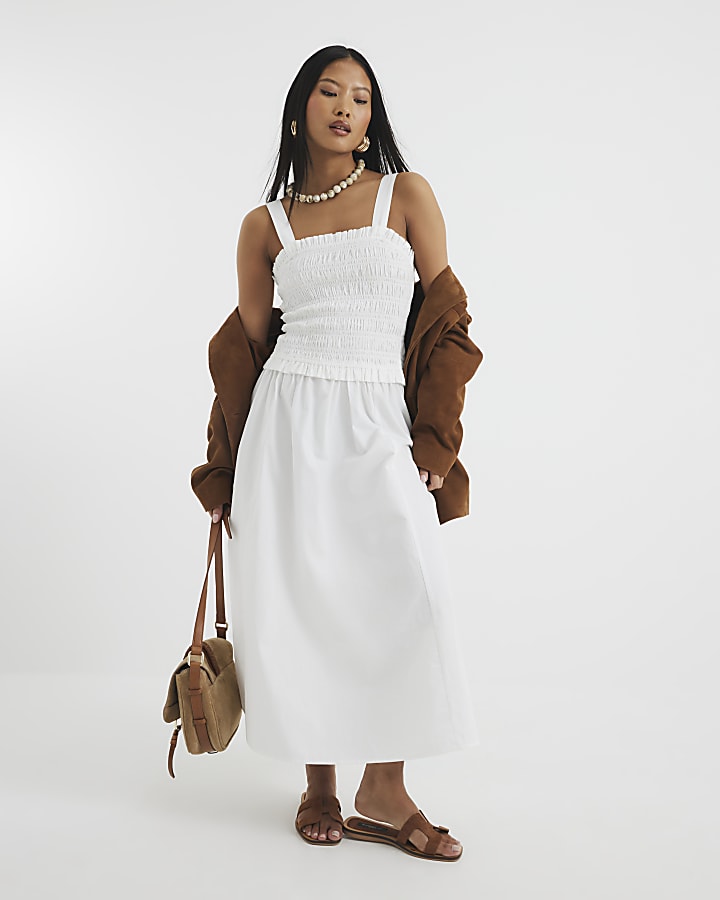 Petite White Shirred Midi Dress
