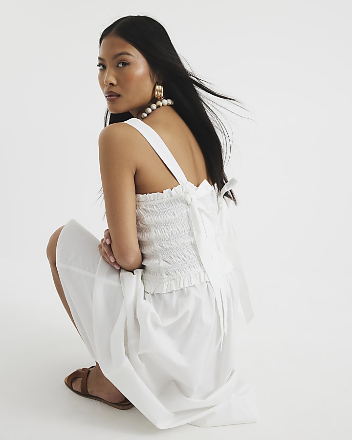 Petite White Shirred Midi Dress