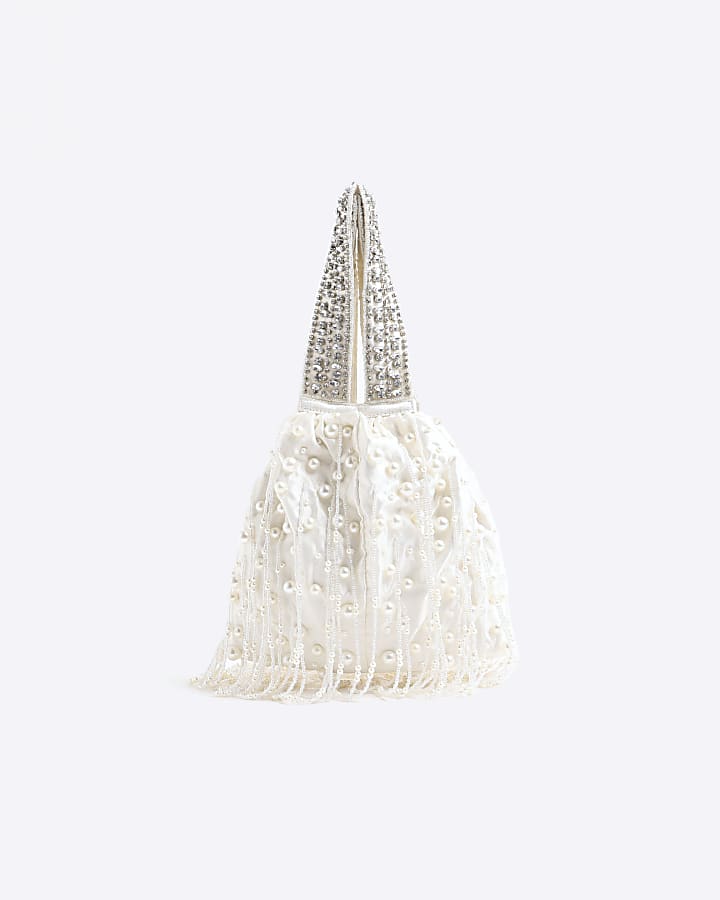 White Premium Pearl Tassel Clutch Bag