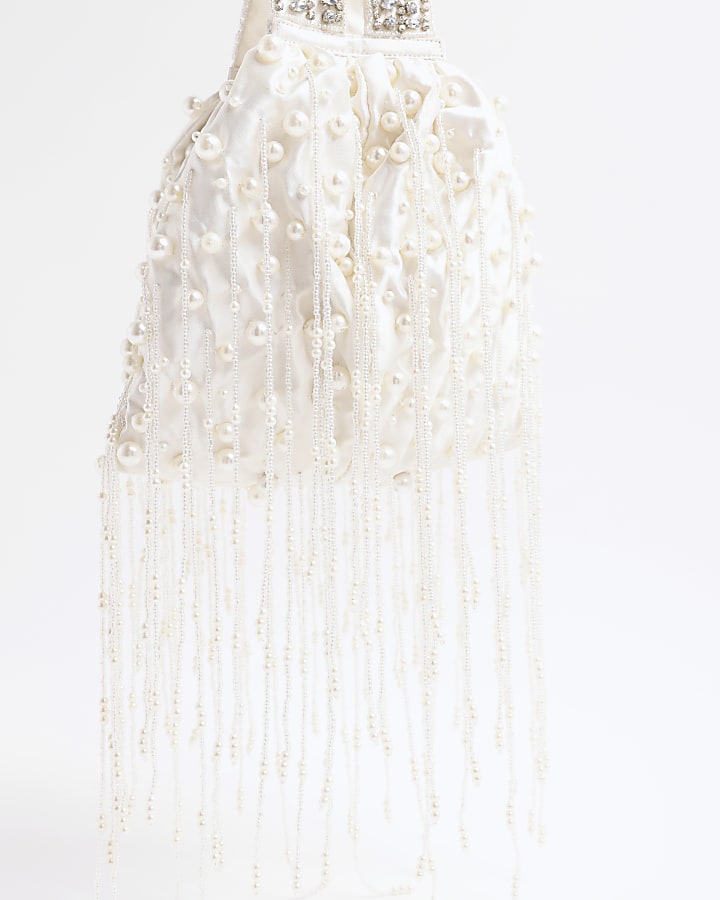 White Premium Pearl Tassel Clutch Bag