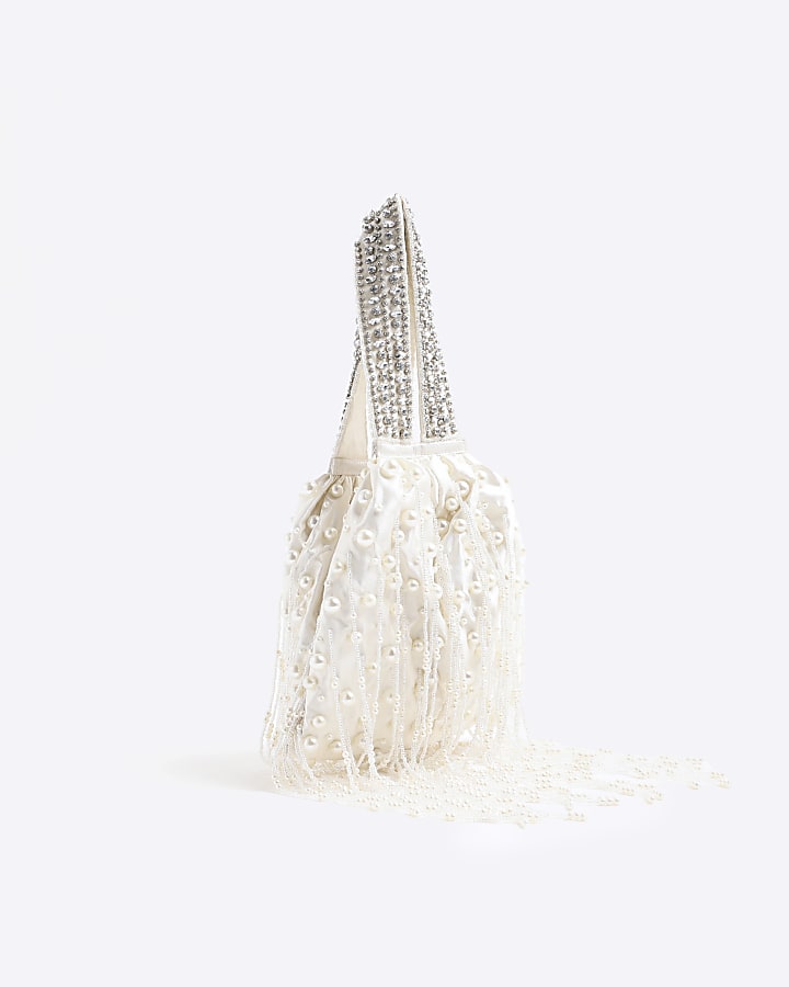 White Premium Pearl Tassel Clutch Bag
