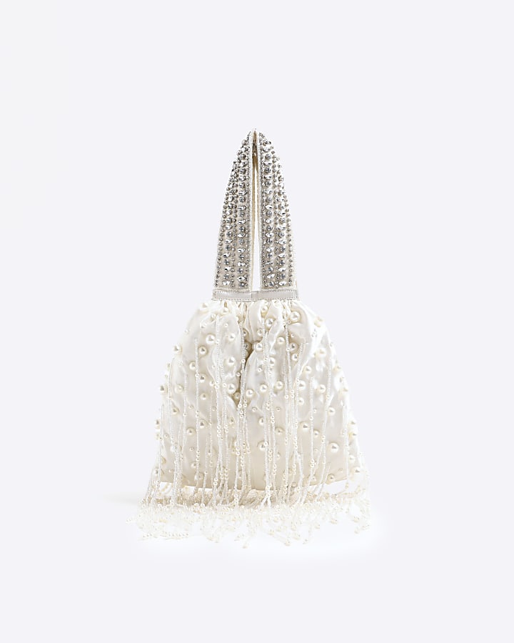 White Premium Pearl Tassel Clutch Bag