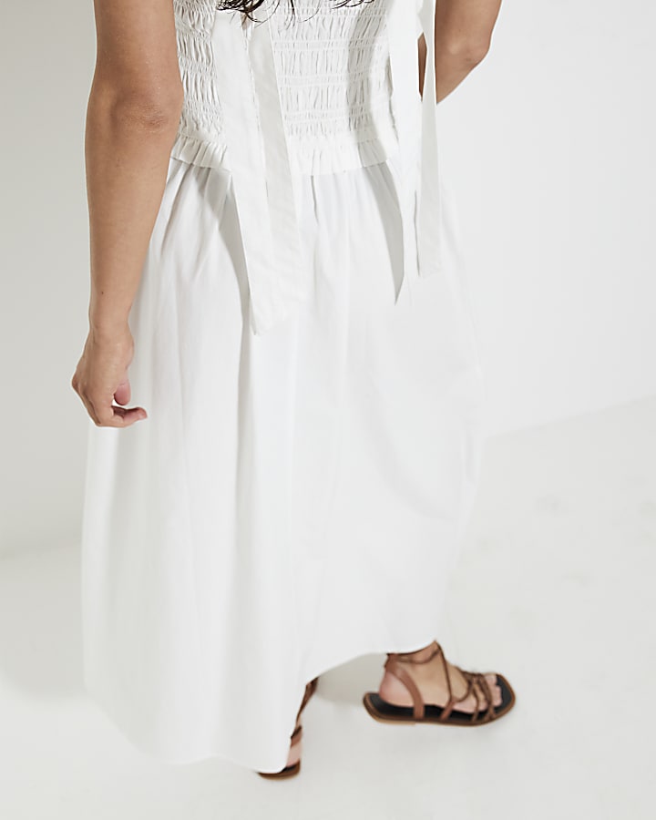 White Shirred Midi Dress