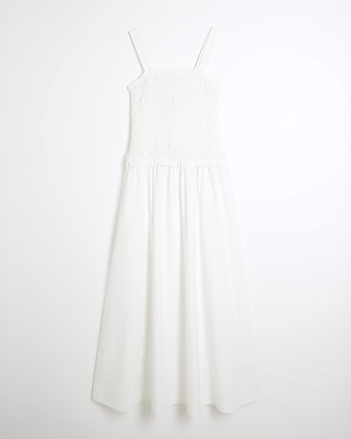 White Shirred Midi Dress