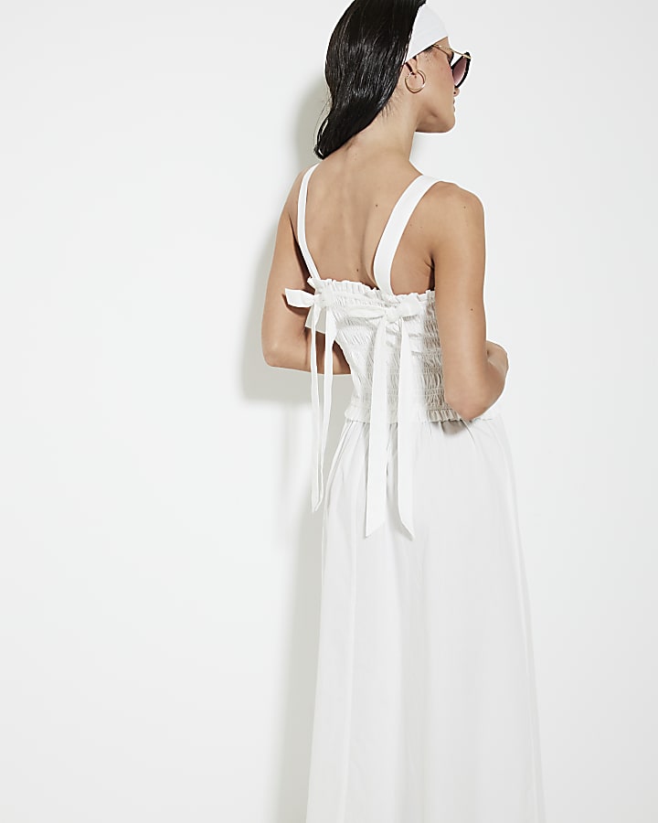 White Shirred Midi Dress