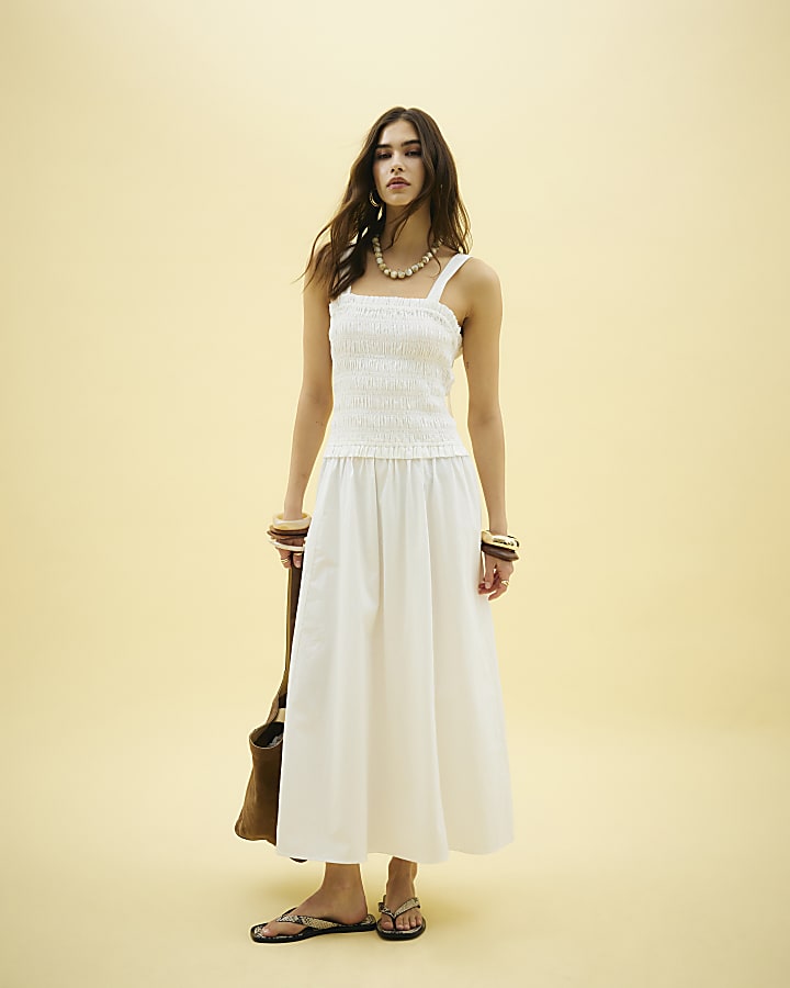 White Shirred Midi Dress