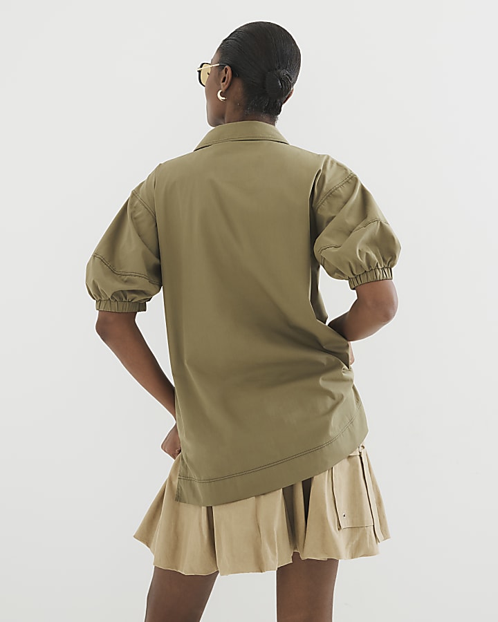 Khaki Puff Sleeve Tunic Top