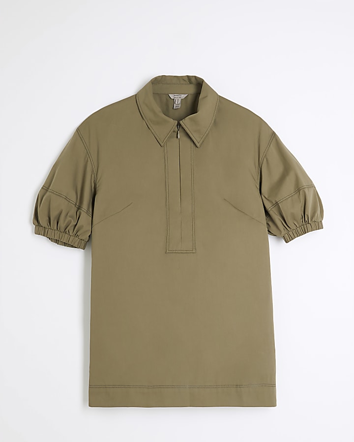 Khaki Puff Sleeve Tunic Top