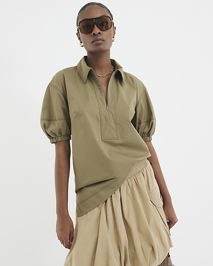 Khaki Puff Sleeve Tunic Top