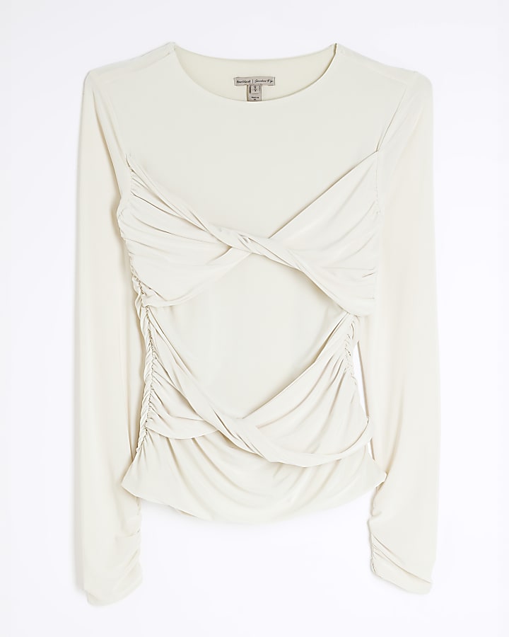 Cream Long Sleeve Ruched Top