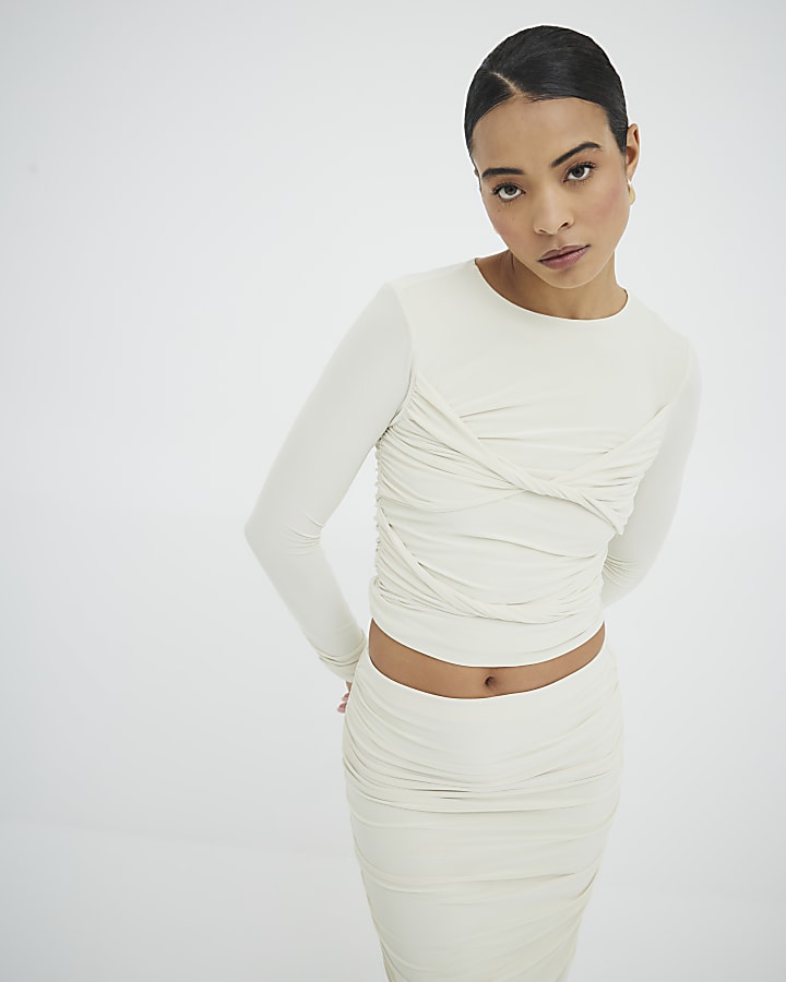 Cream Long Sleeve Ruched Top