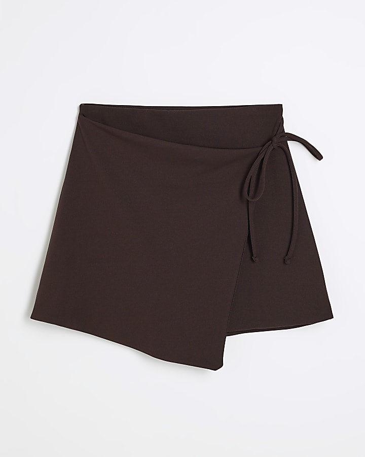 Brown Wrap Tie Mini Skirt