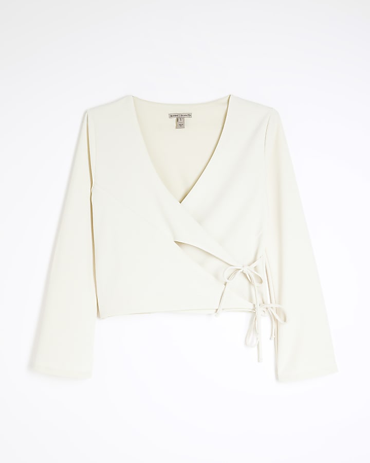 Cream Long Sleeve Wrap Tie Crop Blazer