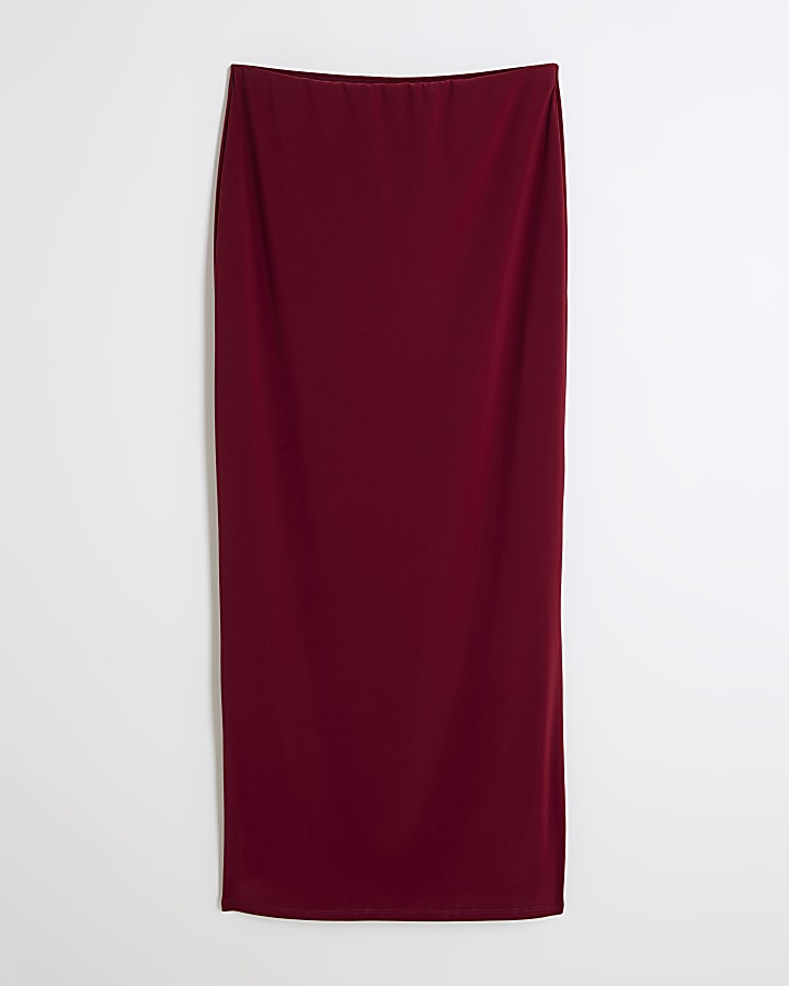 Red Column Split Midi Skirt