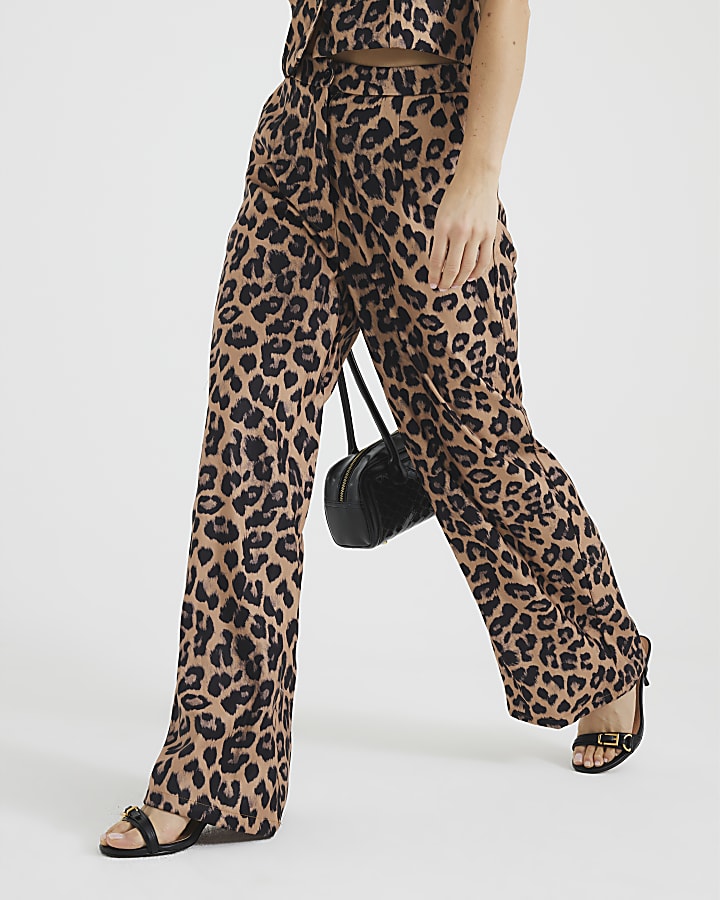 Brown Leopard Print Wide Leg Trousers