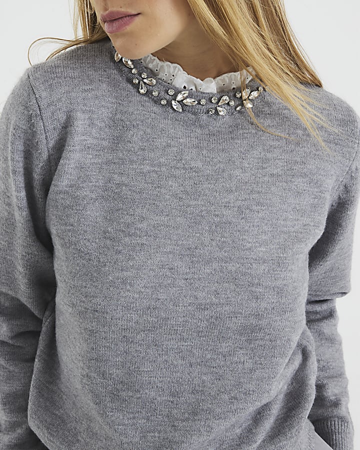 Grey Embellished Collar Jumper