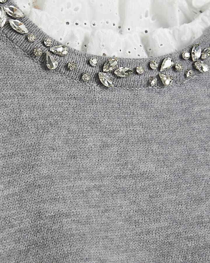 Grey Embellished Collar Jumper