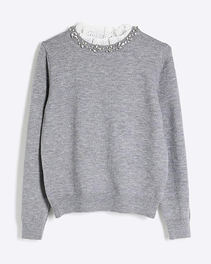 Grey Embellished Collar Jumper