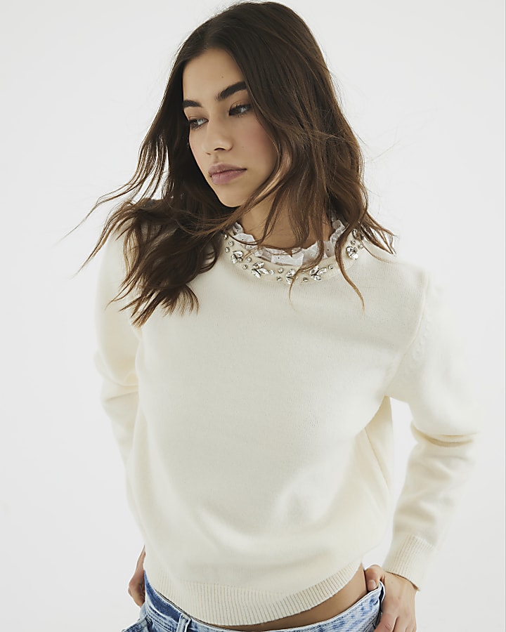 Cream Embellished Collar Jumper