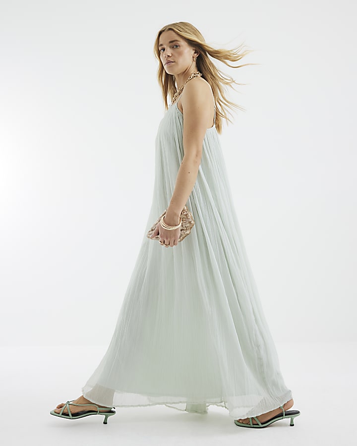 Blue Sleeveless V Trim Maxi Dress