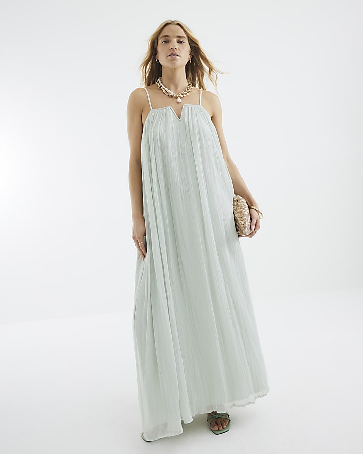 Blue Sleeveless V Trim Maxi Dress