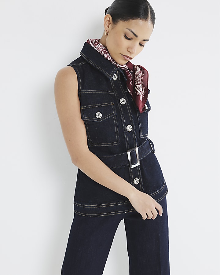 Petite Blue Denim Belted Top