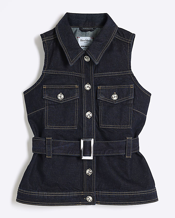 Petite Blue Denim Belted Top