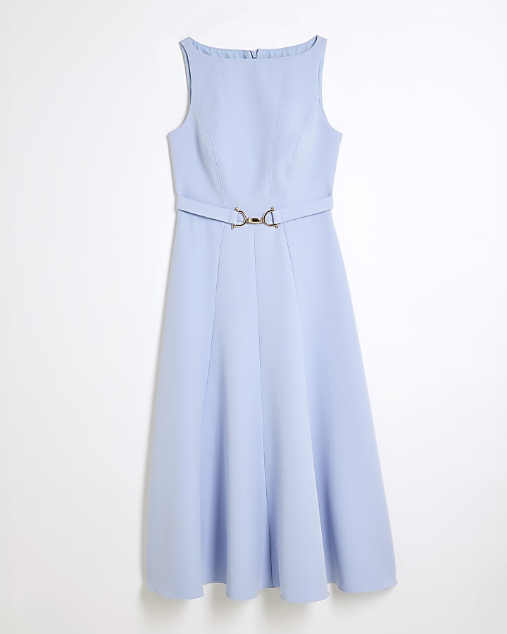 Blue Boat Neck Belted Asymmetrical Midi Dress