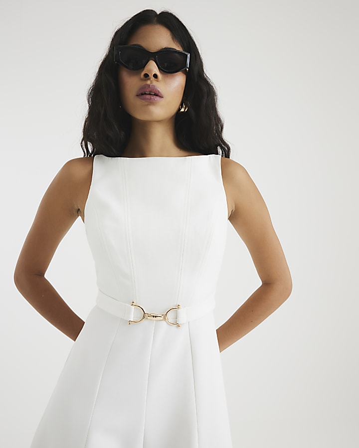 White Boat Neck Belted Midi Dress