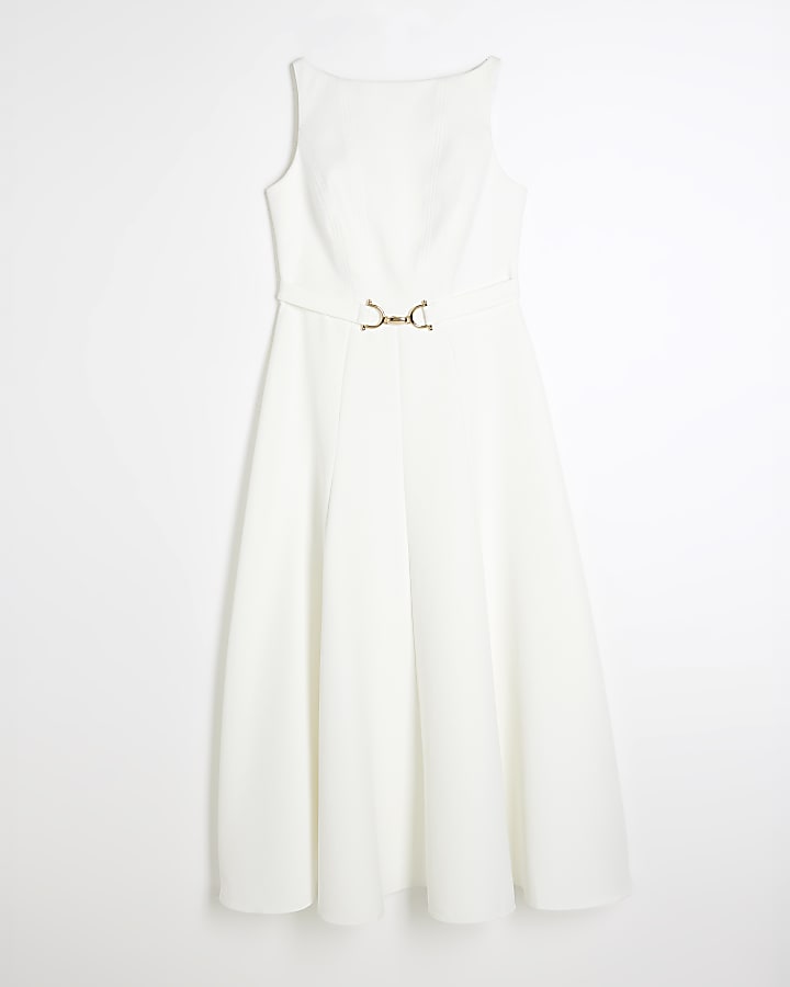 White Boat Neck Belted Midi Dress