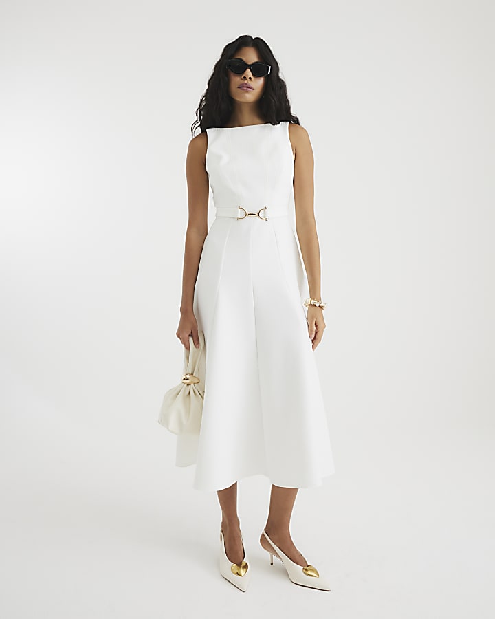 White Boat Neck Belted Midi Dress