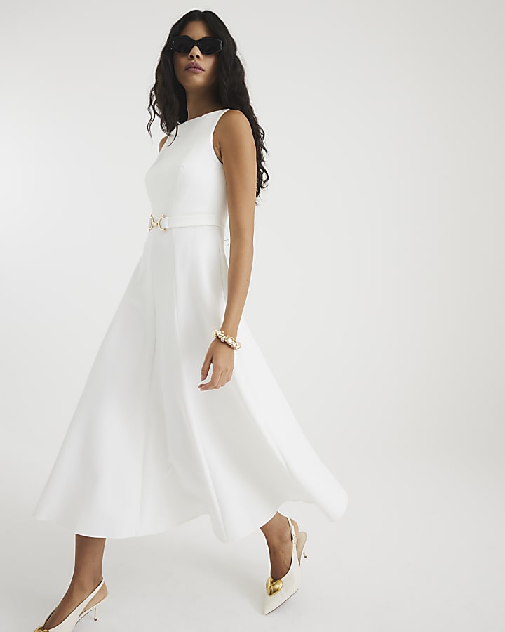 White Boat Neck Belted Midi Dress