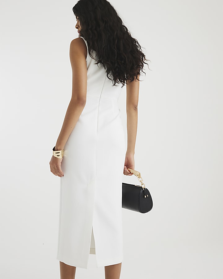 White Belted Clipped Collar Midi Dress