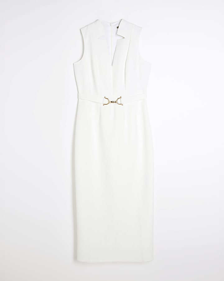 White Belted Clipped Collar Midi Dress