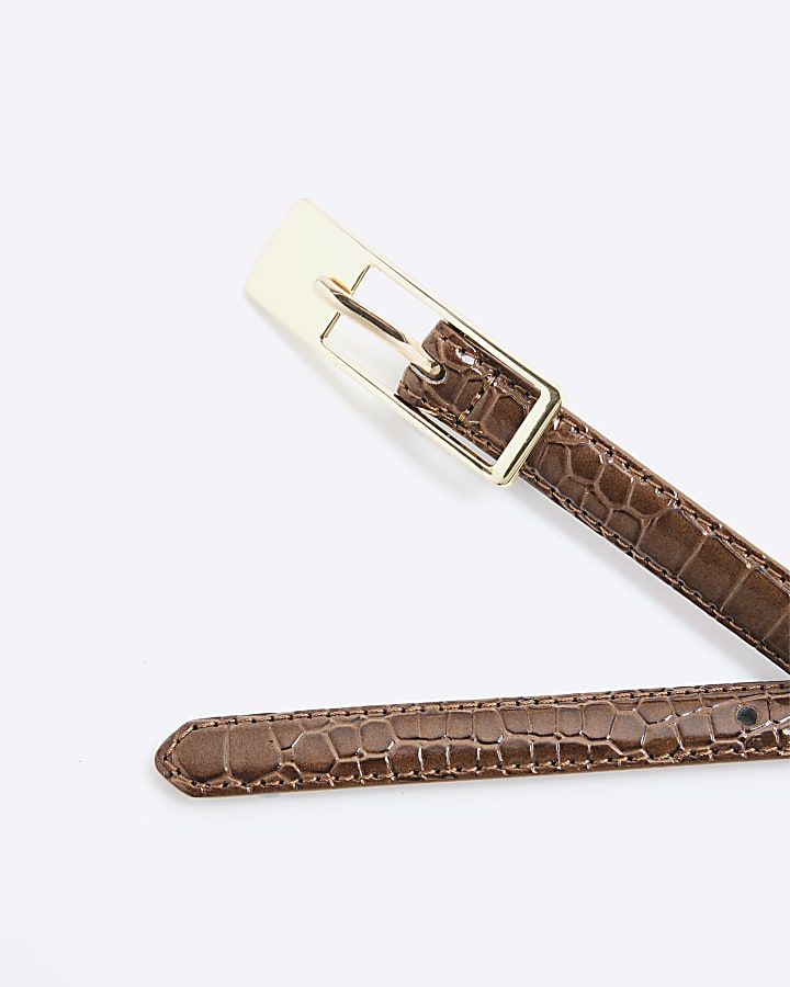 Brown Rectangular Buckle Skinny Belt