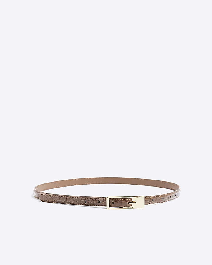 Brown Rectangular Buckle Skinny Belt