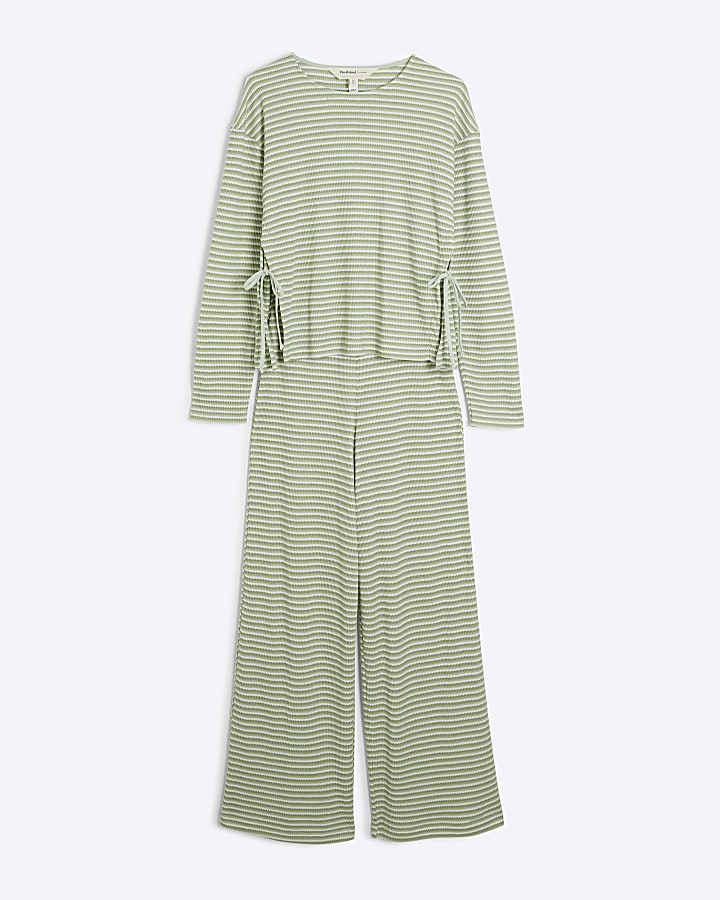 Green Stripe Tie Top And Trousers Lounge Set