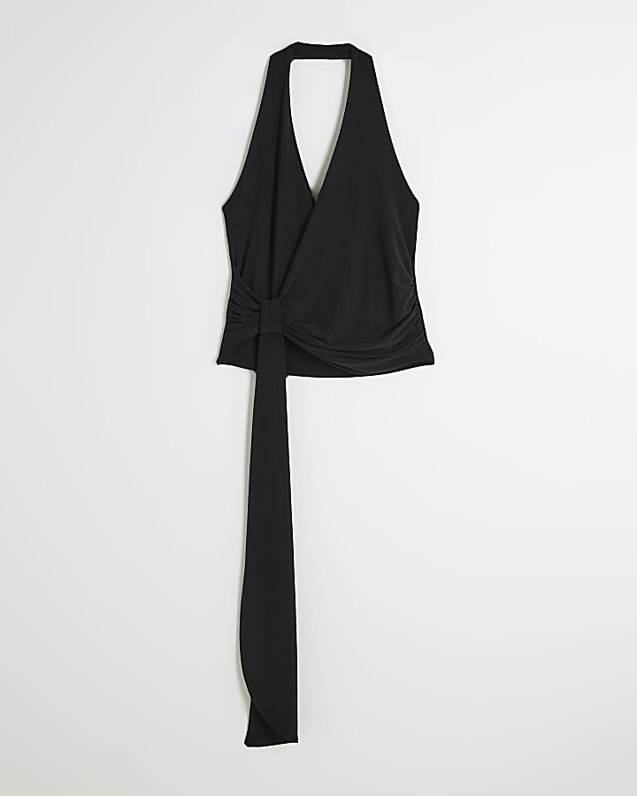 Black Halter Neck Tie Detail Slinky Top