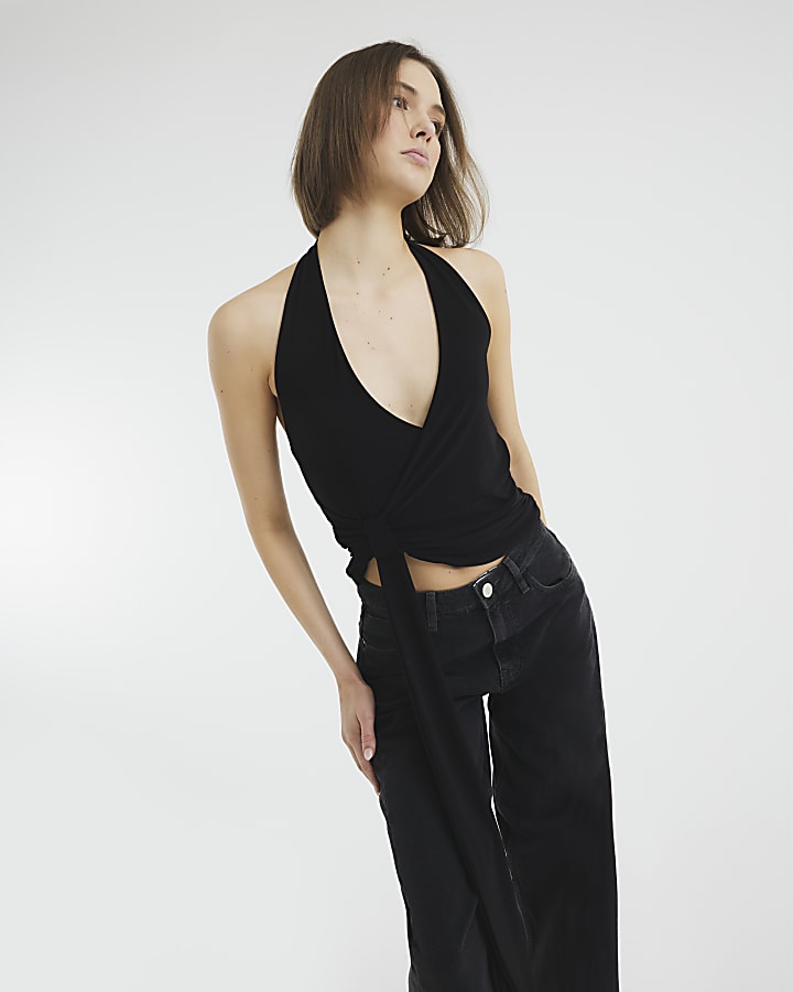 Black Halter Neck Tie Detail Slinky Top