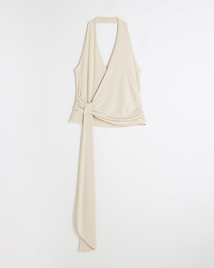 Cream Halter Neck Tie Detail Slinky Top