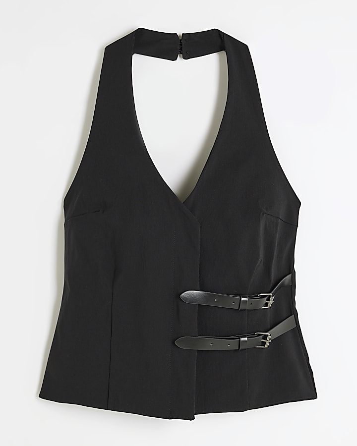 Black Halter Neck Sleeveless Buckle Top