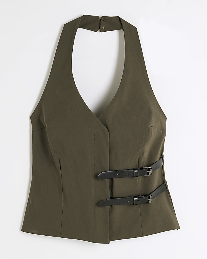 Khaki Halter Neck Sleeveless Buckle Top