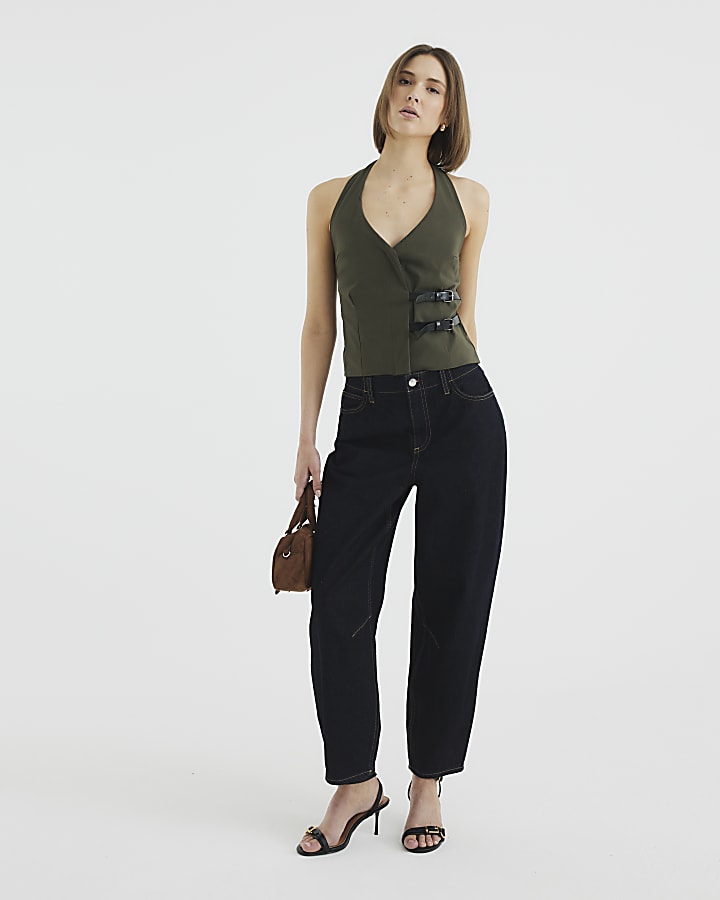 Khaki Halter Neck Sleeveless Buckle Top