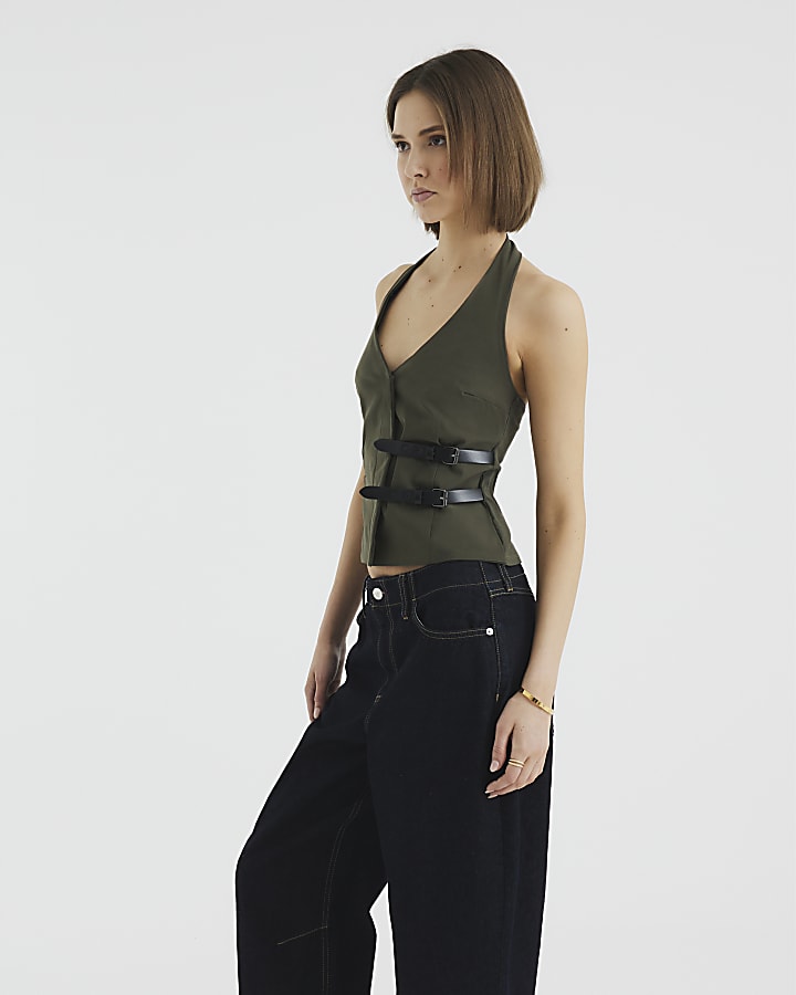 Khaki Halter Neck Sleeveless Buckle Top