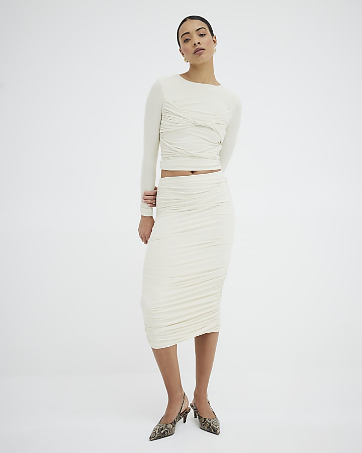 Cream Ruched Midi Column Skirt